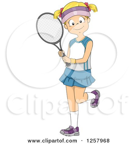 Clipart of a Happy Blond White Girl Holding a Tennis Racket - Royalty Free Vector Illustration by BNP Design Studio