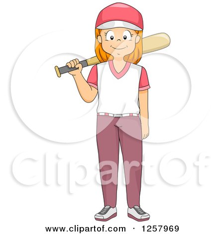 Clipart of a Happy Red Haired White Girl Standing with a Baseball Bat - Royalty Free Vector Illustration by BNP Design Studio