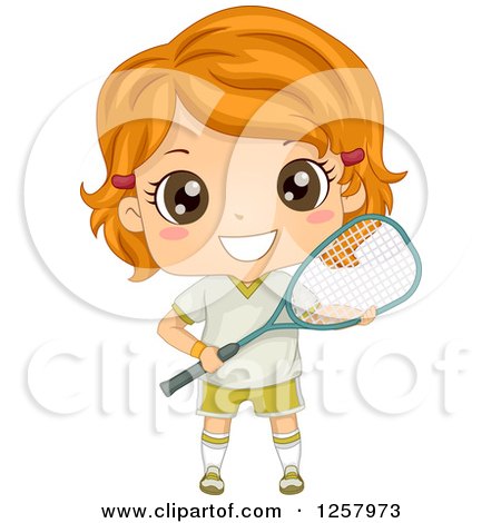 Clipart of a Happy Red Haired White Girl Holding a Squash Racket - Royalty Free Vector Illustration by BNP Design Studio