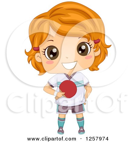 Clipart of a Happy Red Haired White Girl Holding a Table Tennis Paddle - Royalty Free Vector Illustration by BNP Design Studio