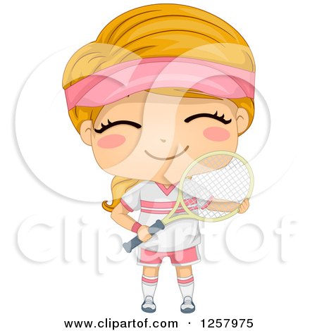 Clipart of a Happy Blond White Girl Smiling and Holding a Tennis Racket - Royalty Free Vector Illustration by BNP Design Studio
