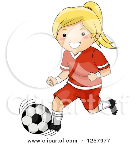 Clipart of a Happy Blond White Girl Running with a Soccer Ball - Royalty Free Vector Illustration by BNP Design Studio