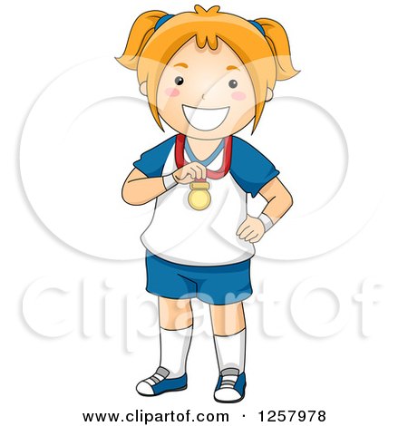 Clipart of a Happy Red Haired Sporty White Girl Showing off Her Medal - Royalty Free Vector Illustration by BNP Design Studio