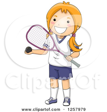 Clipart of a Happy Red Haired White Girl Holding a Squash Ball and Racket - Royalty Free Vector Illustration by BNP Design Studio
