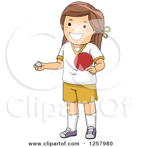 Clipart of a Happy Brunette White Girl Holding a Table Tennis Paddle and Ping Pong Ball - Royalty Free Vector Illustration by BNP Design Studio