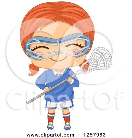 Clipart of a Happy Red Haired White Girl Holding a Lacrosse Stick - Royalty Free Vector Illustration by BNP Design Studio