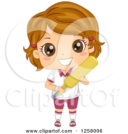 Clipart of a Happy Brunette White Girl Holding a Cricket Bat - Royalty Free Vector Illustration by BNP Design Studio