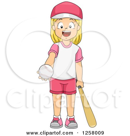 Clipart of a Happy Blond White Girl Holding out a Baseball - Royalty Free Vector Illustration by BNP Design Studio