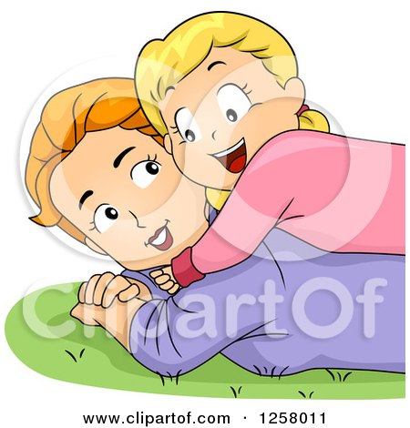 Clipart of a Happy Blond White Girl Hugging and Laying on Her Mom in the Grass - Royalty Free Vector Illustration by BNP Design Studio