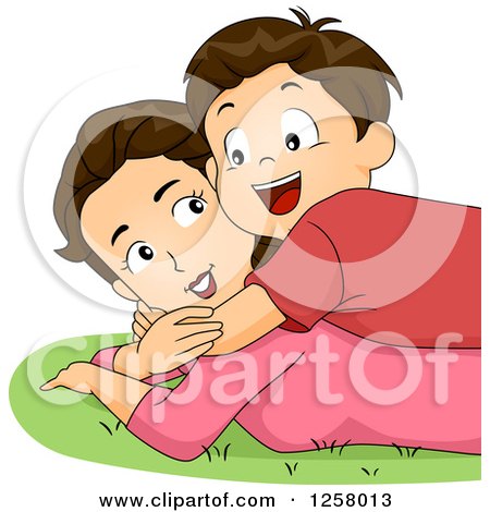 Clipart of a Happy Brunette White Boy Hugging and Laying on His Mom in the Grass - Royalty Free Vector Illustration by BNP Design Studio