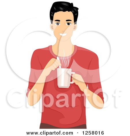 Clipart of a Happy Young Man Stirring a Cup of Coffee - Royalty Free Vector Illustration by BNP Design Studio