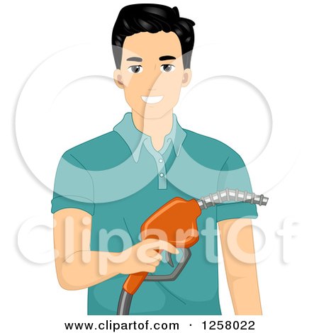 Clipart of a Happy Young Man Holding a Gas Nozzle - Royalty Free Vector Illustration by BNP Design Studio