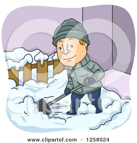 Clipart of a Happy White Man Shoveling Snow in the Winter - Royalty Free Vector Illustration by BNP Design Studio