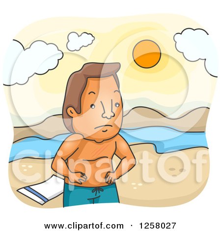 Clipart of a Sore White Man with a Sunburn on a Beach - Royalty Free Vector Illustration by BNP Design Studio