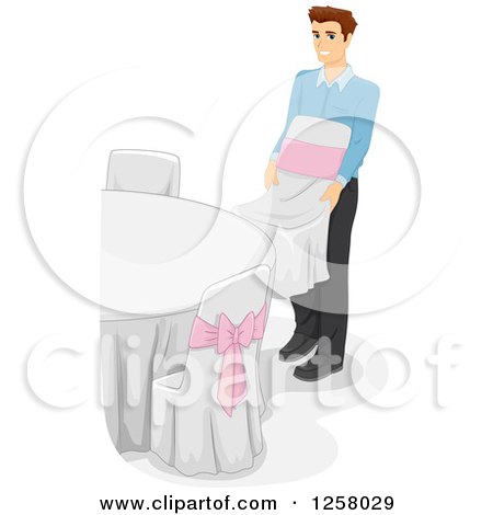 Clipart of a Young White Man Arranging Tables and Chairs at a Wedding Venue - Royalty Free Vector Illustration by BNP Design Studio