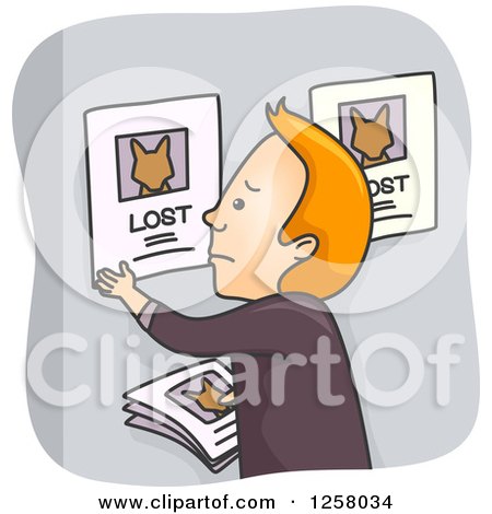 Clipart of a Sad Red Haired White Man Putting Lost Pet Signs on a Bulletin - Royalty Free Vector Illustration by BNP Design Studio