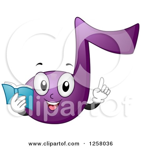 Clipart of a Purple Note Character Holding a Book and a Finger up - Royalty Free Vector Illustration by BNP Design Studio