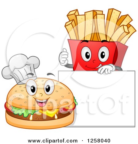 Clipart of a Happy Cheeseburger Chef and French Fries by a Blank Sign Board - Royalty Free Vector Illustration by BNP Design Studio