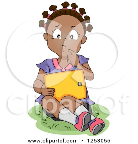 Clipart of a Black Girl Thinking While Reading an E Book on a Tablet - Royalty Free Vector Illustration by BNP Design Studio