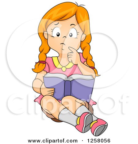 Clipart of a Red Haired White Girl Thinking While Reading a Book - Royalty Free Vector Illustration by BNP Design Studio