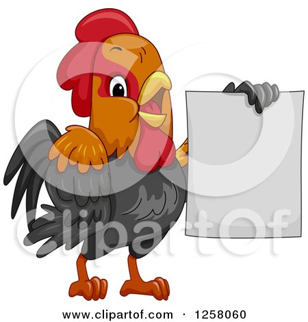 Clipart of a Cute Rooster Holding up a Blank Sign - Royalty Free Vector Illustration by BNP Design Studio