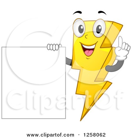 Clipart of a Happy Electric Bolt Character by a Blank Sign - Royalty Free Vector Illustration by BNP Design Studio