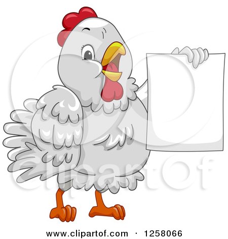 Clipart of a Cute White Hen Holding up a Blank Sign - Royalty Free Vector Illustration by BNP Design Studio