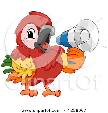 Clipart of a Cute Maccaw Parrot Announcing with a Megaphone - Royalty Free Vector Illustration by BNP Design Studio