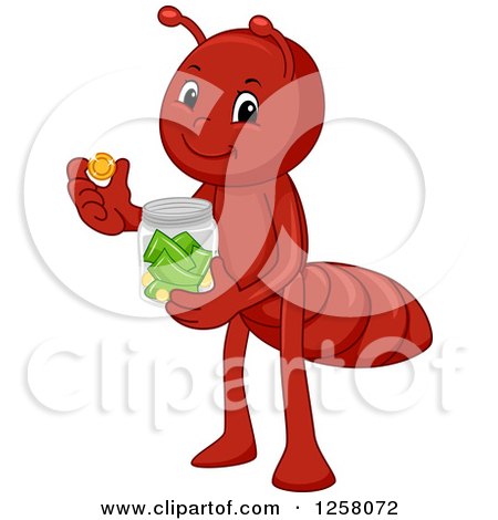 Clipart of a Cute Ant Putting Money in a Jar - Royalty Free Vector Illustration by BNP Design Studio