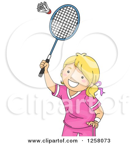 Clipart of a Happy Blond White Girl Playing Badminton - Royalty Free Vector Illustration by BNP Design Studio