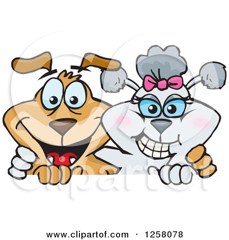 Clipart of a Happy Poodle and Brown Dog Hugging over a Sign - Royalty Free Vector Illustration by Dennis Holmes Designs