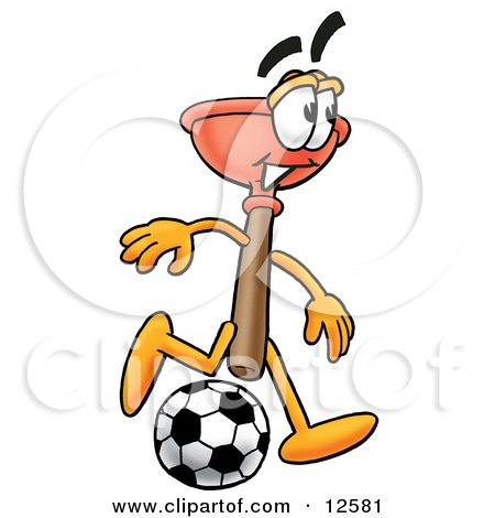 Clipart Picture of a Sink Plunger Mascot Cartoon Character Kicking a Soccer Ball by Mascot Junction