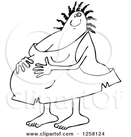 Clipart of a Black and White Pregnant Cavewoman Holding Her Belly - Royalty Free Vector Illustration by djart