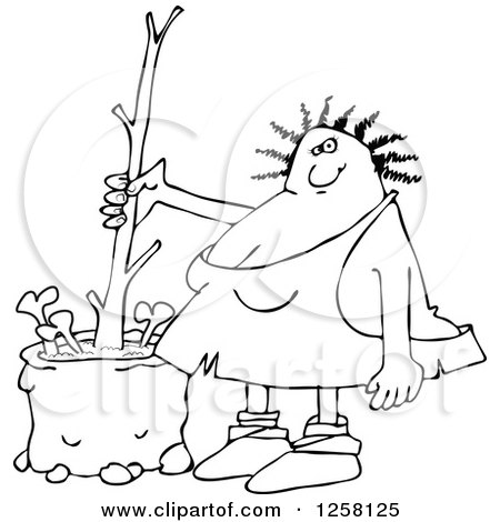 Clipart of a Black and White Chubby Cavewoman Stirring Bone Soup with a Stick - Royalty Free Vector Illustration by djart