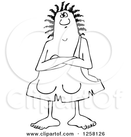 Clipart of a Black and White Stubborn Chubby Cavewoman with Folded Arms - Royalty Free Vector Illustration by djart