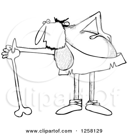Clipart of a Black and White Hairy Caveman with an Injured Back, Using a Bone Cane - Royalty Free Vector Illustration by djart