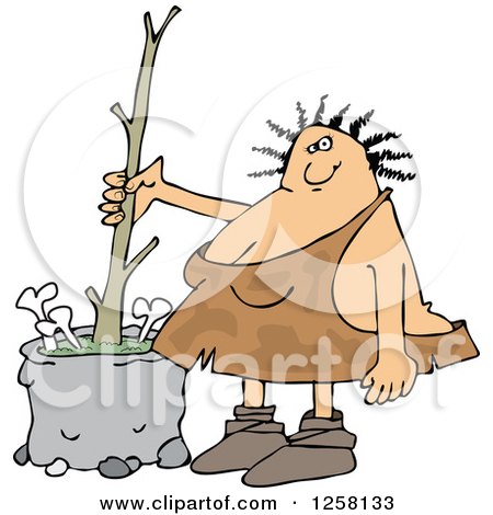 Clipart of a Chubby Cavewoman Stirring Bone Soup with a Stick - Royalty Free Vector Illustration by djart