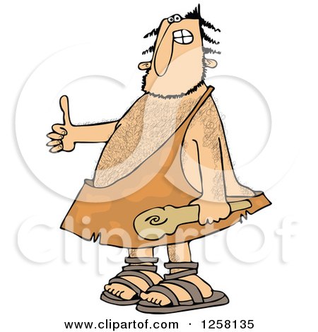 Clipart of a Hairy Caveman Holding a Club and Thumb up - Royalty Free Vector Illustration by djart
