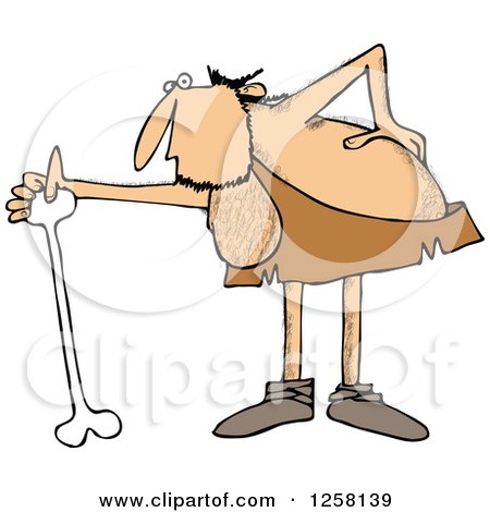 Clipart of a Hairy Caveman with an Injured Back, Using a Bone Cane - Royalty Free Vector Illustration by djart