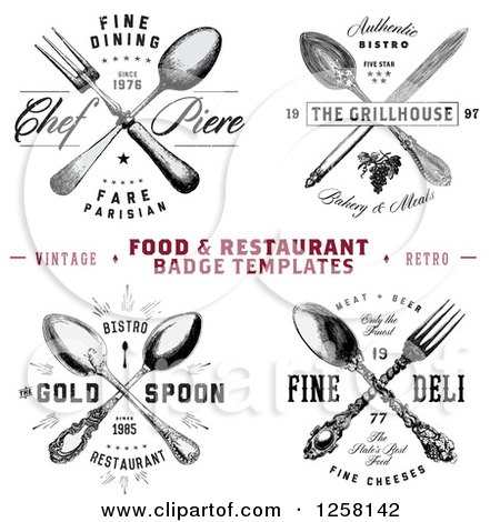 Clipart of Vintage Crossed Silverware Restaurant Designs with Sample Text - Royalty Free Vector Illustration by BestVector