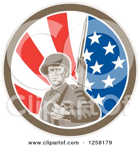 Clipart of a Retro American Soldier with a Bayonet in an American Flag Circle - Royalty Free Vector Illustration by patrimonio