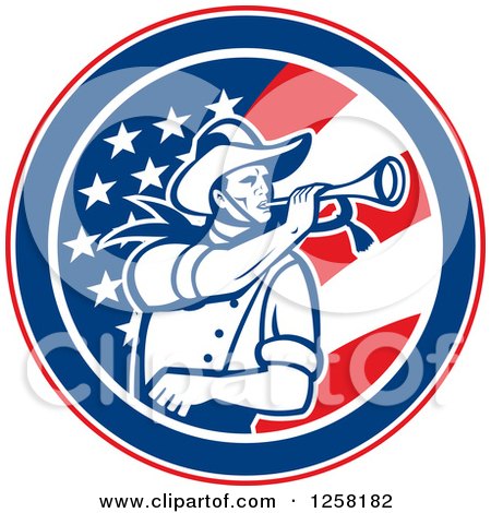 Clipart of a Retro Cavalry Soldier Blowing a Bugle in an American Flag Circle - Royalty Free Vector Illustration by patrimonio