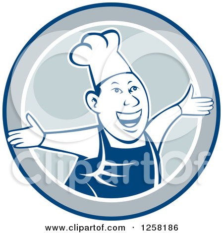 Clipart of a Happy Male Chef Holding His Arms out from a Blue White and Gray Circle - Royalty Free Vector Illustration by patrimonio
