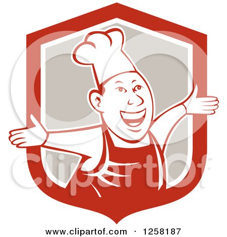 Clipart of a Happy Male Chef Holding His Arms out from a Red White and Beige Shield - Royalty Free Vector Illustration by patrimonio
