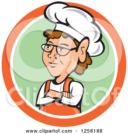 Clipart of a White Female Chef with Folded Arms in an Orange White and Green Circle - Royalty Free Vector Illustration by patrimonio