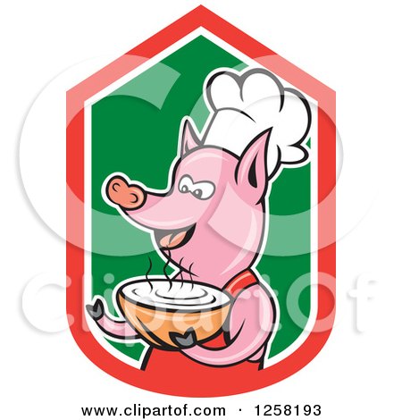 Clipart of a Cartoon Pig Chef Holding a Bowl of Soup in a Red White and Green Shield - Royalty Free Vector Illustration by patrimonio