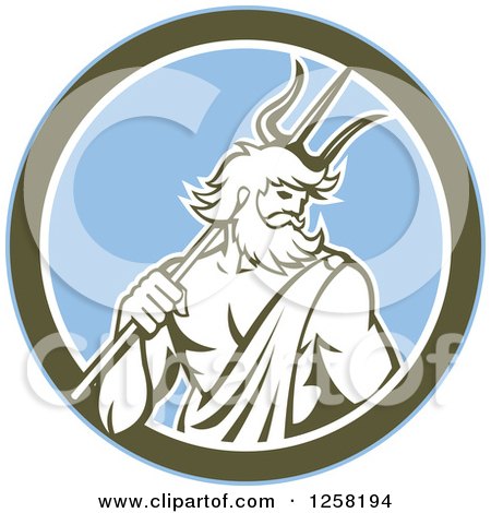 Clipart of a Roman Sea God, Neptune or Poseidon, with a Trident in a Blue and Olive Green Circle - Royalty Free Vector Illustration by patrimonio