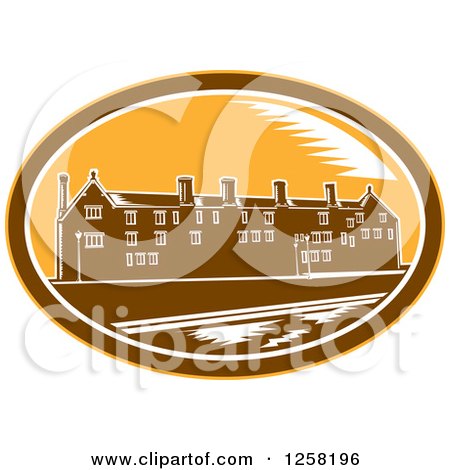 Clipart of a Woodcut of the University of Cambridge in a Brown White and Yellow Oval - Royalty Free Vector Illustration by patrimonio