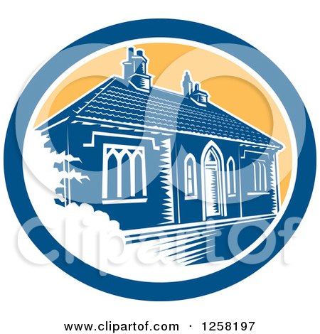 Clipart of a Retro Woodcut Medieval House in Bath England in a Blue White and Yellow Oval - Royalty Free Vector Illustration by patrimonio