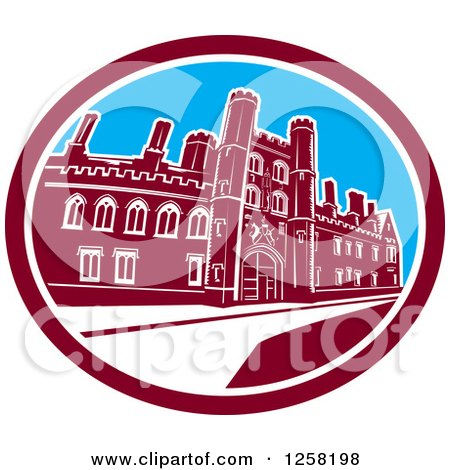 Clipart of a the St John's College Building of the University of Cambridge in a Maroon White and Blue Oval - Royalty Free Vector Illustration by patrimonio